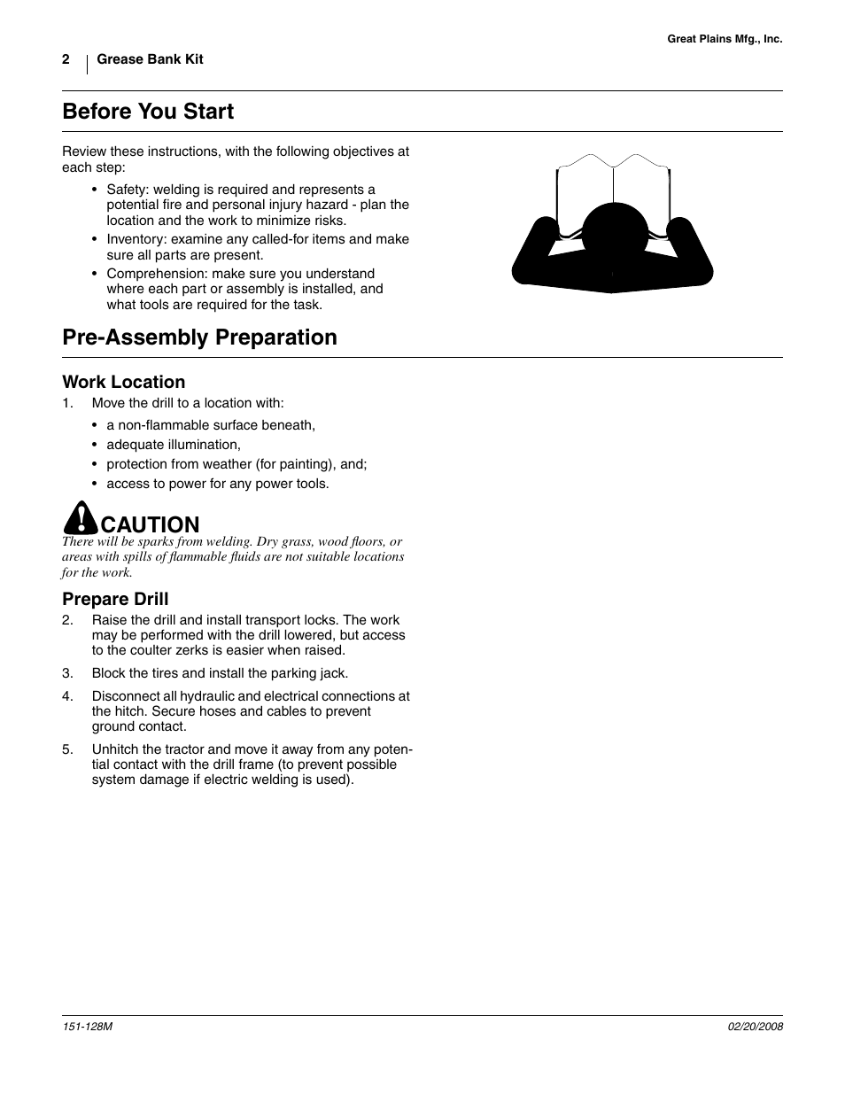 Before you start, Pre-assembly preparation, Work location | Prepare drill, Caution | Great Plains 1005 Assembly Instructions User Manual | Page 2 / 8
