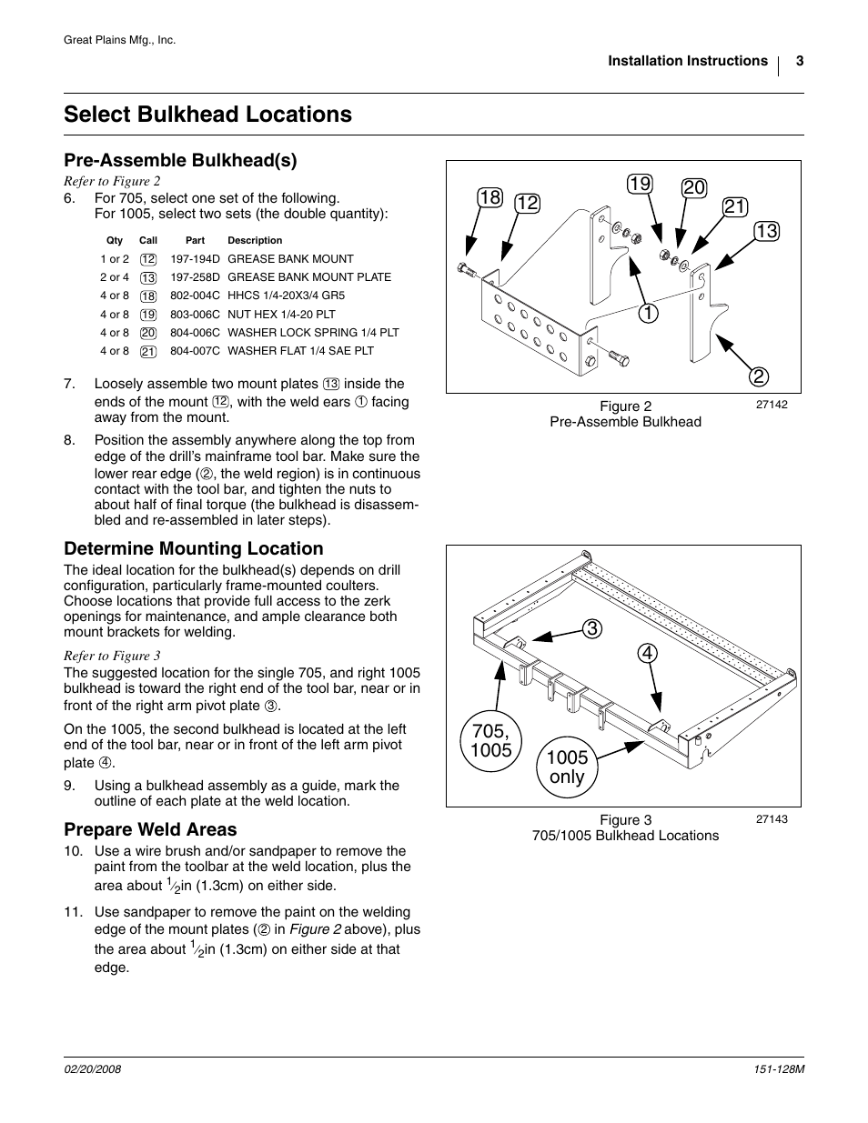 Select bulkhead locations, Pre-assemble bulkhead(s), Determine mounting location | Prepare weld areas | Great Plains 1005 Assembly Instructions User Manual | Page 3 / 8