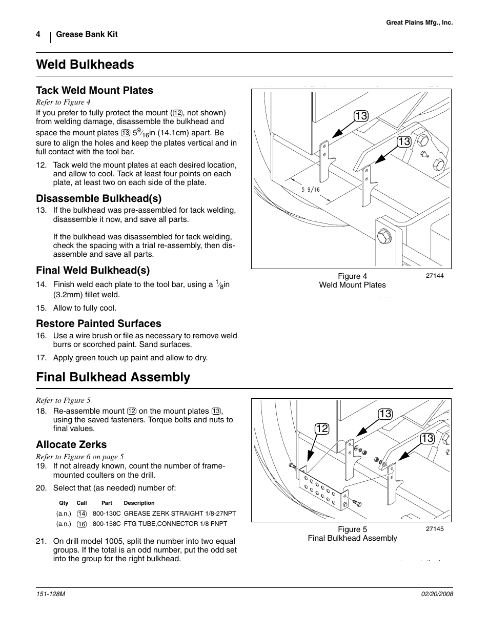 Weld bulkheads, Tack weld mount plates, Disassemble bulkhead(s) | Final weld bulkhead(s), Restore painted surfaces, Final bulkhead assembly, Allocate zerks | Great Plains 1005 Assembly Instructions User Manual | Page 4 / 8