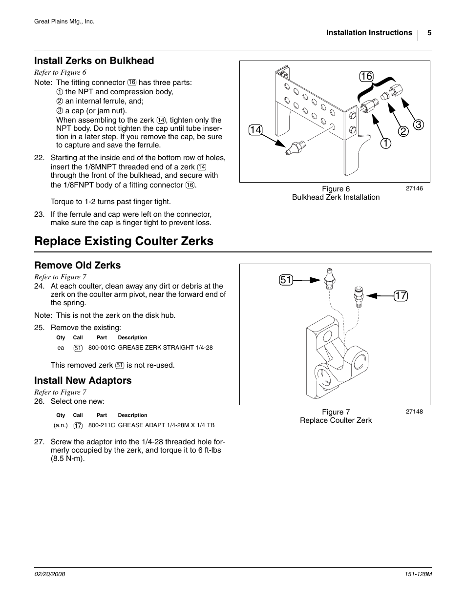 Install zerks on bulkhead, Replace existing coulter zerks, Remove old zerks | Install new adaptors | Great Plains 1005 Assembly Instructions User Manual | Page 5 / 8