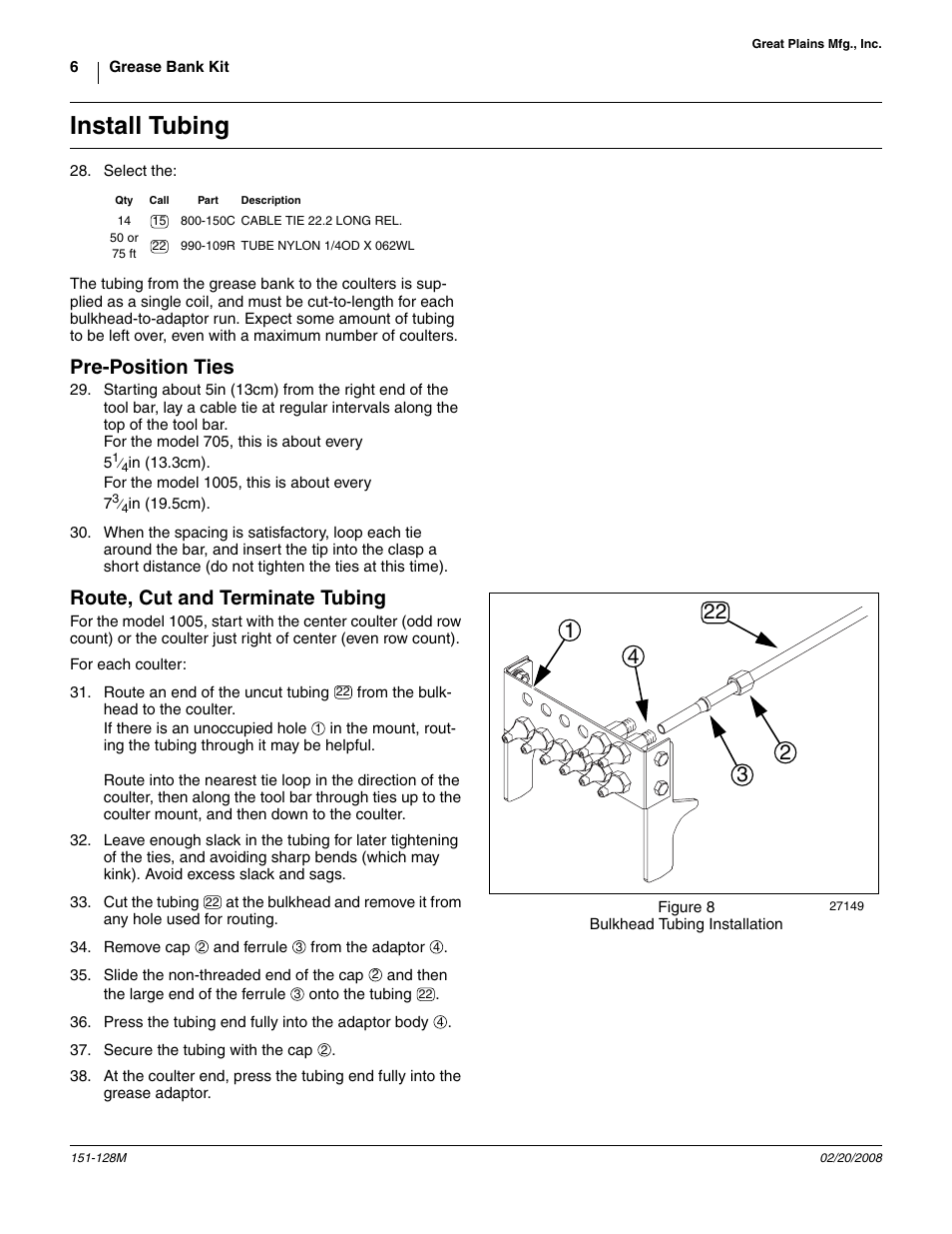 Install tubing, Pre-position ties, Route, cut and terminate tubing | Great Plains 1005 Assembly Instructions User Manual | Page 6 / 8