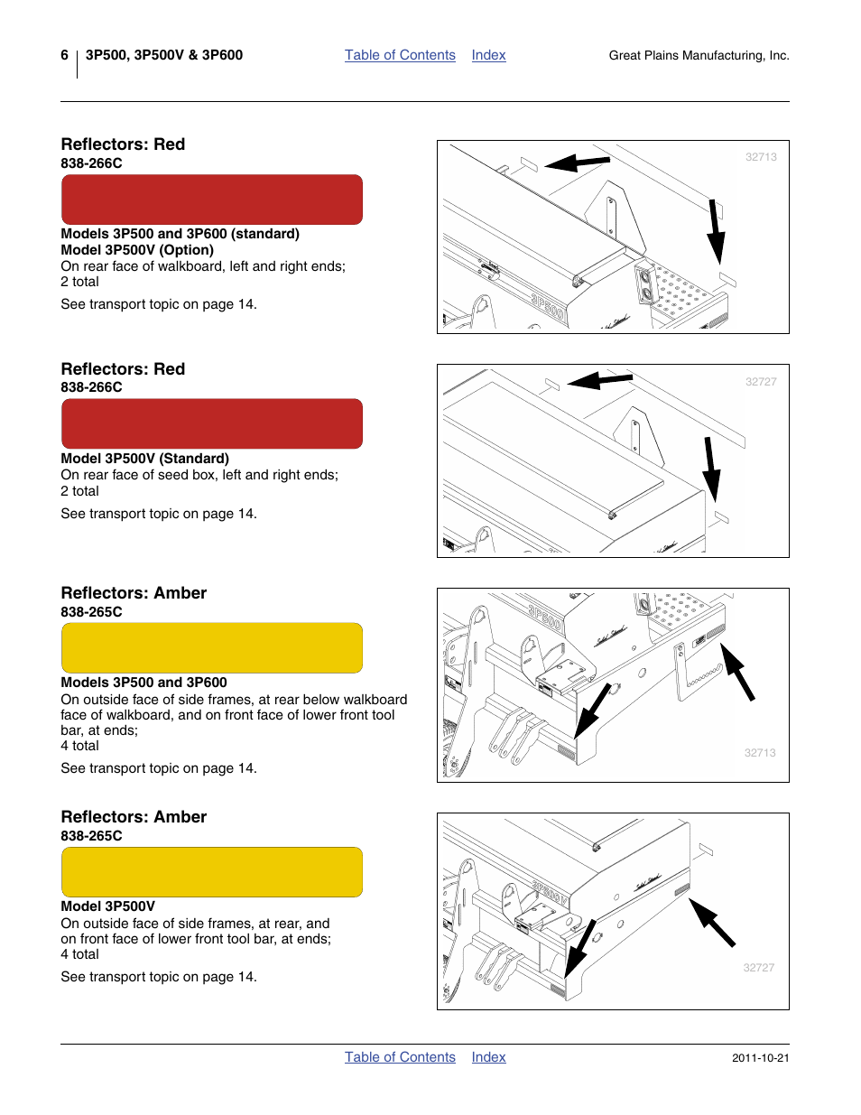 Reflectors: red, 266c, Model 3p500v (standard) | Reflectors: amber, 265c, Models 3p500 and 3p600, Model 3p500v | Great Plains 3P600 Operator Manual User Manual | Page 10 / 60