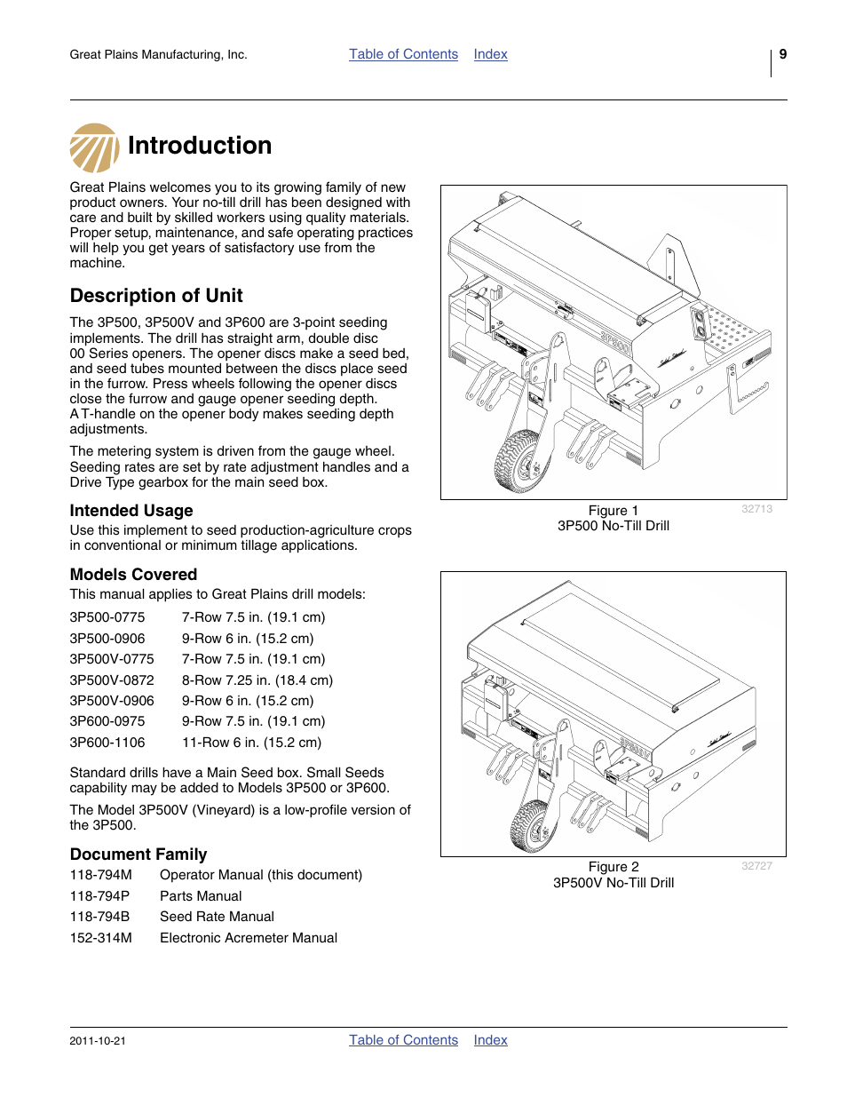 Introduction, Description of unit, Intended usage | Models covered, Document family, Introduction description of unit, Intended usage models covered document family | Great Plains 3P600 Operator Manual User Manual | Page 13 / 60
