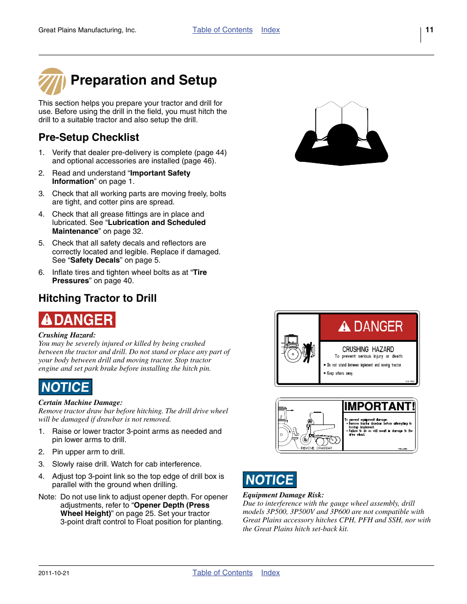 Preparation and setup, Pre-setup checklist, Hitching tractor to drill | Great Plains 3P600 Operator Manual User Manual | Page 15 / 60