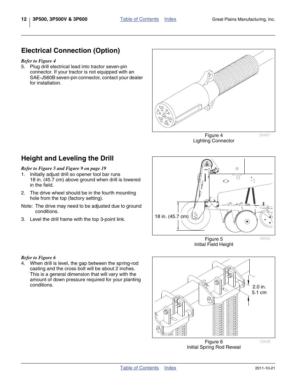 Electrical connection (option), Height and leveling the drill | Great Plains 3P600 Operator Manual User Manual | Page 16 / 60