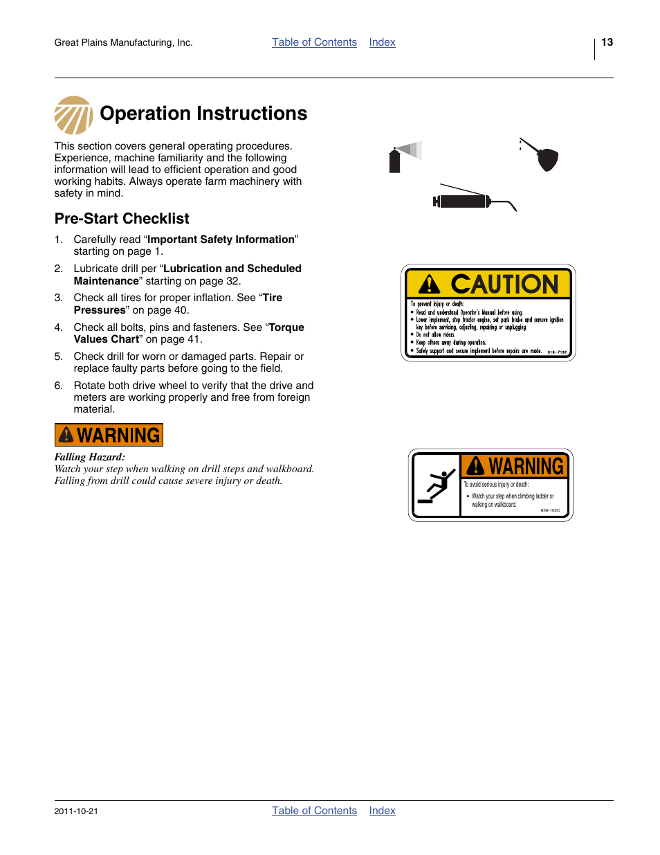 Operation instructions, Pre-start checklist, Operation instructions pre-start checklist | Warning | Great Plains 3P600 Operator Manual User Manual | Page 17 / 60