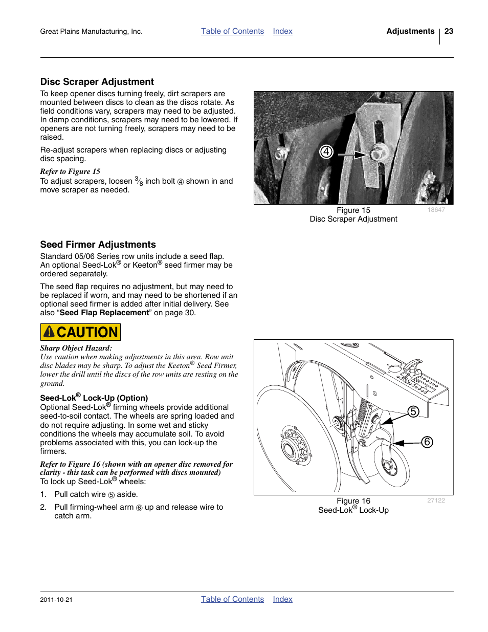 Disc scraper adjustment, Seed firmer adjustments, Seed-lok® lock-up (option) | Disc scraper adjustment seed firmer adjustments, Seed-lok, Es seed-soil contact. see “ seed-lok | Great Plains 3P600 Operator Manual User Manual | Page 27 / 60
