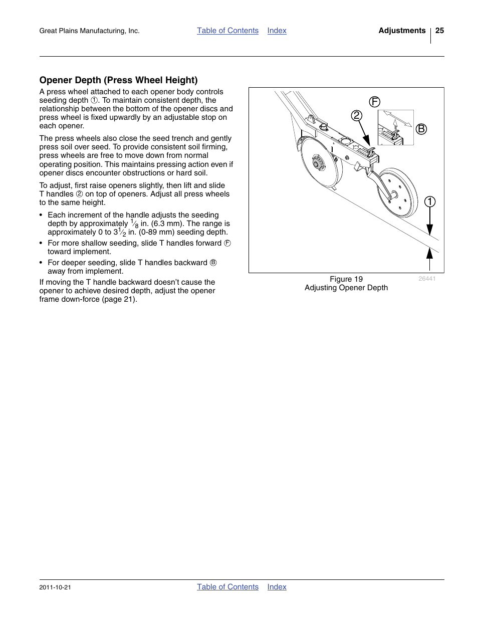 Opener depth (press wheel height), 12 b f | Great Plains 3P600 Operator Manual User Manual | Page 29 / 60
