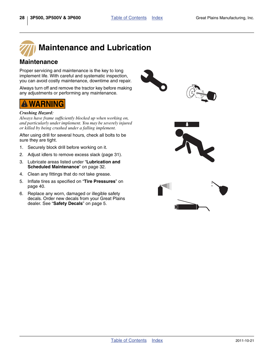 Maintenance and lubrication, Maintenance, Maintenance and lubrication maintenance | Great Plains 3P600 Operator Manual User Manual | Page 32 / 60