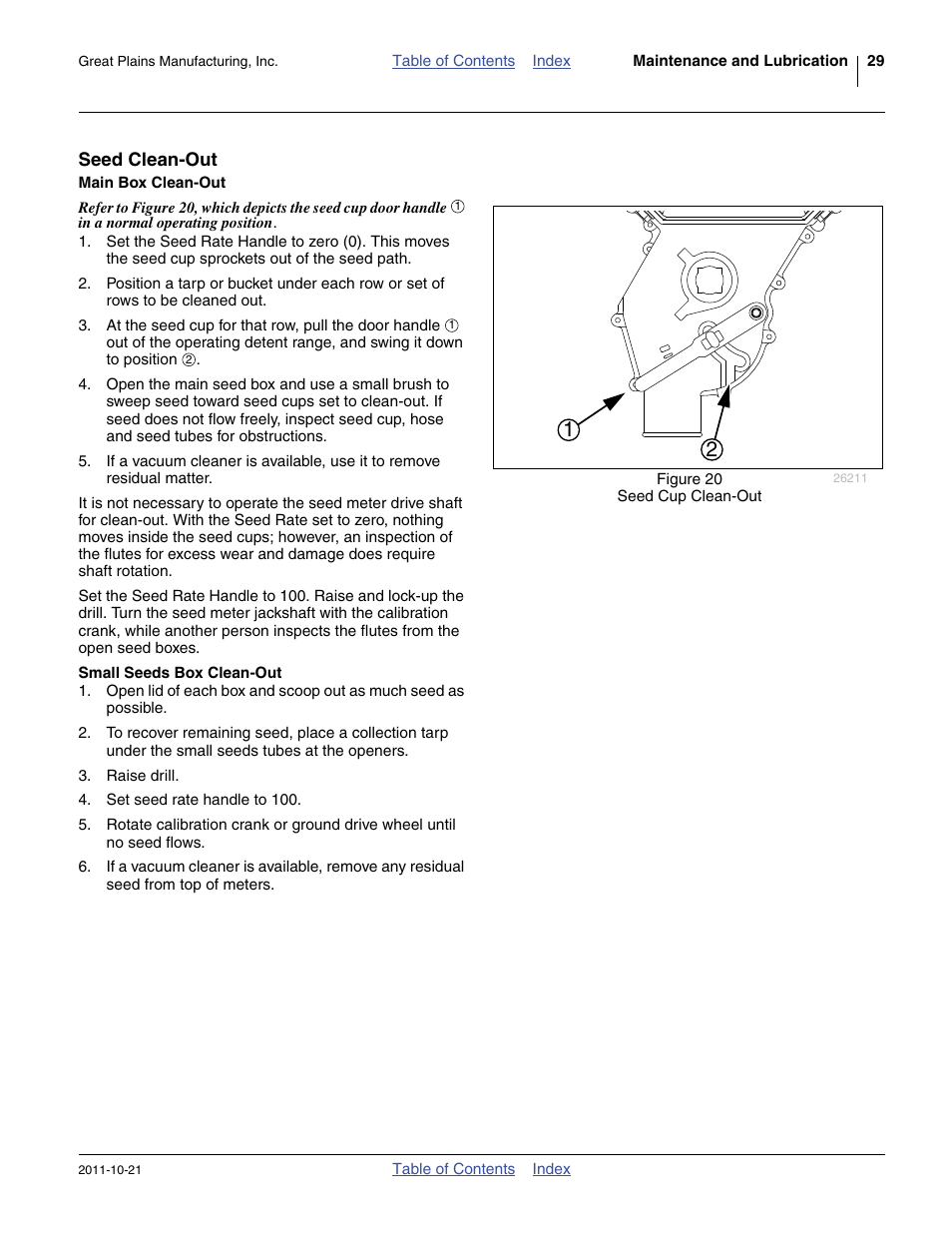 Seed clean-out, Main box clean-out, Small seeds box clean-out | Main box clean-out small seeds box clean-out | Great Plains 3P600 Operator Manual User Manual | Page 33 / 60