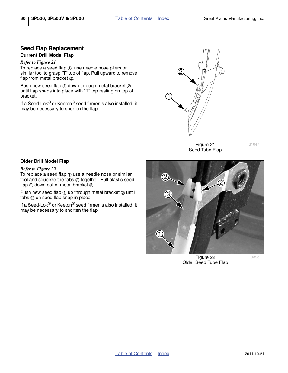 Seed flap replacement, Current drill model flap, Older drill model flap | Current drill model flap older drill model flap | Great Plains 3P600 Operator Manual User Manual | Page 34 / 60