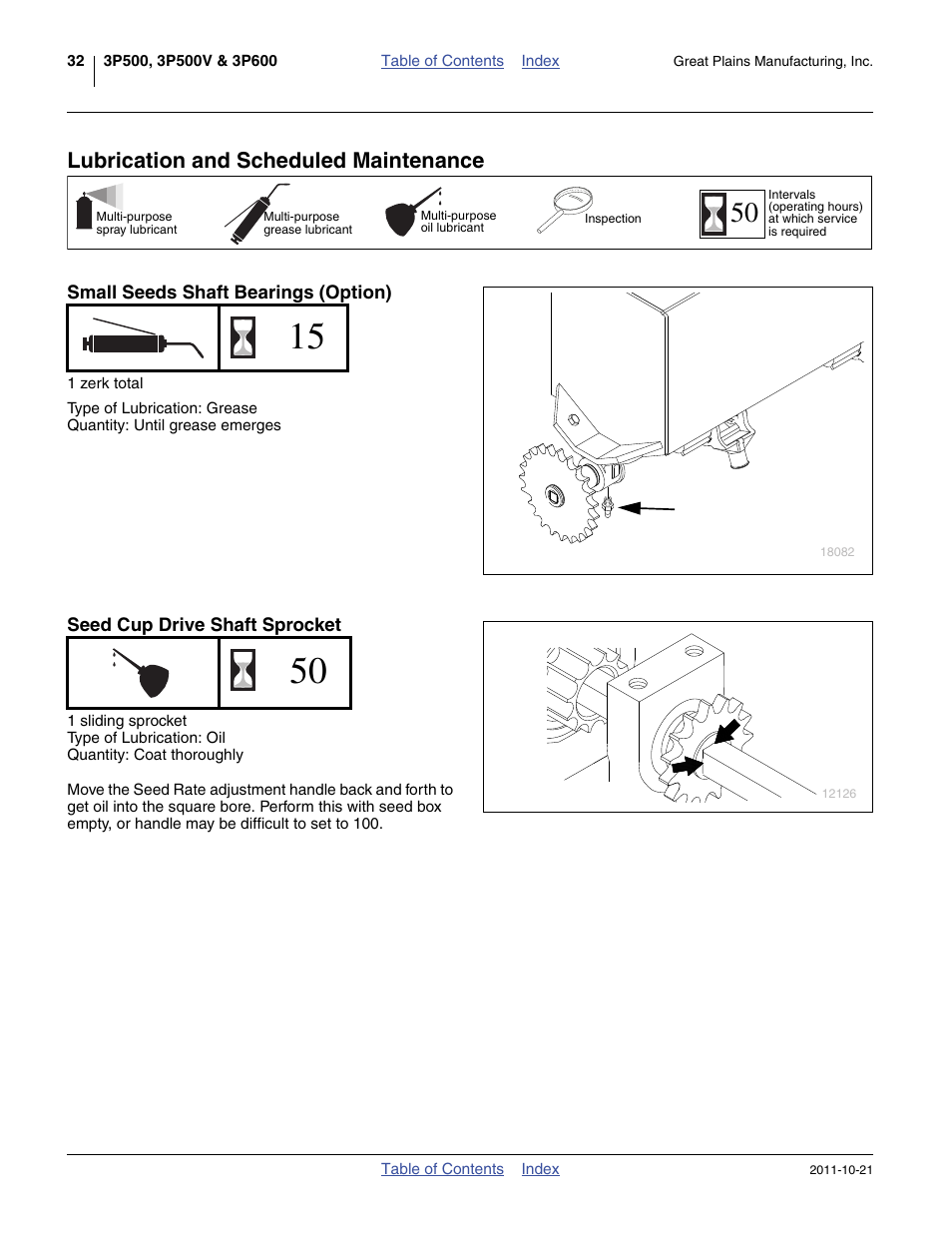 Lubrication and scheduled maintenance, Small seeds shaft bearings (option), Seed cup drive shaft sprocket | Great Plains 3P600 Operator Manual User Manual | Page 36 / 60