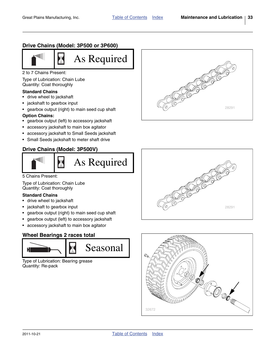 Drive chains (model: 3p500 or 3p600), Standard chains, Option chains | Drive chains (model: 3p500v), Wheel bearings 2 races total, As required, As required seasonal | Great Plains 3P600 Operator Manual User Manual | Page 37 / 60