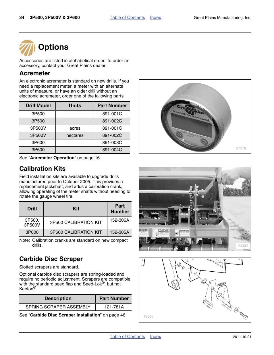 Options, Acremeter, Calibration kits | Carbide disc scraper | Great Plains 3P600 Operator Manual User Manual | Page 38 / 60