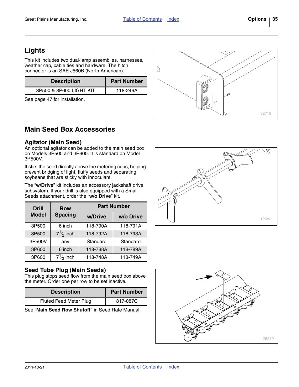 Lights, Main seed box accessories, Agitator (main seed) | Seed tube plug (main seeds) | Great Plains 3P600 Operator Manual User Manual | Page 39 / 60