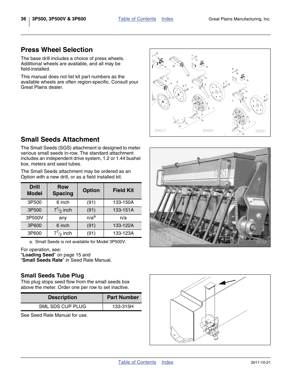 Press wheel selection, Small seeds attachment, Small seeds tube plug | Great Plains 3P600 Operator Manual User Manual | Page 40 / 60