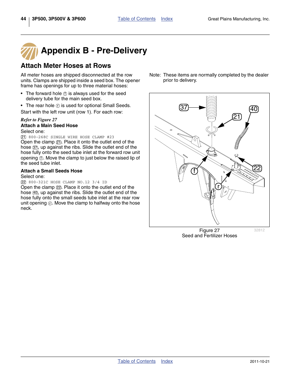 Appendix b - pre-delivery, Attach meter hoses at rows, Attach a main seed hose | Attach a small seeds hose | Great Plains 3P600 Operator Manual User Manual | Page 48 / 60