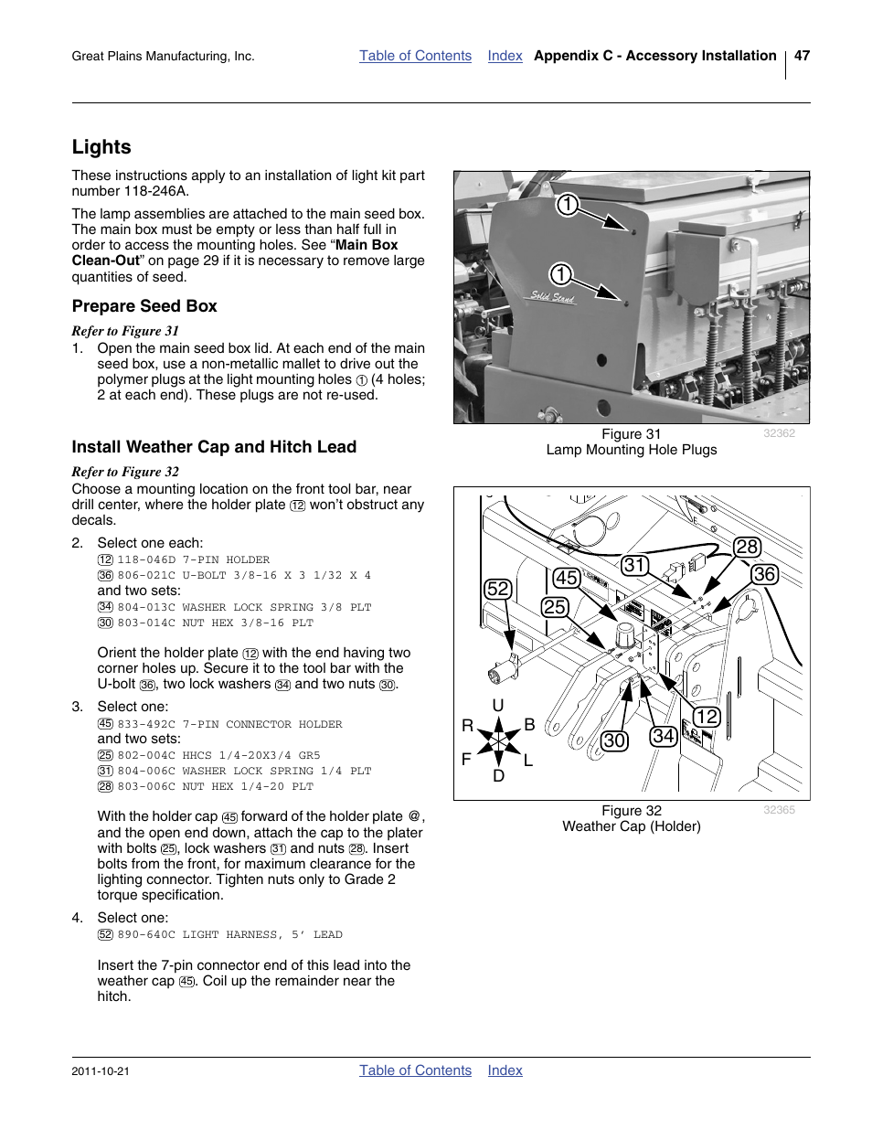 Lights, Prepare seed box, Install weather cap and hitch lead | Great Plains 3P600 Operator Manual User Manual | Page 51 / 60