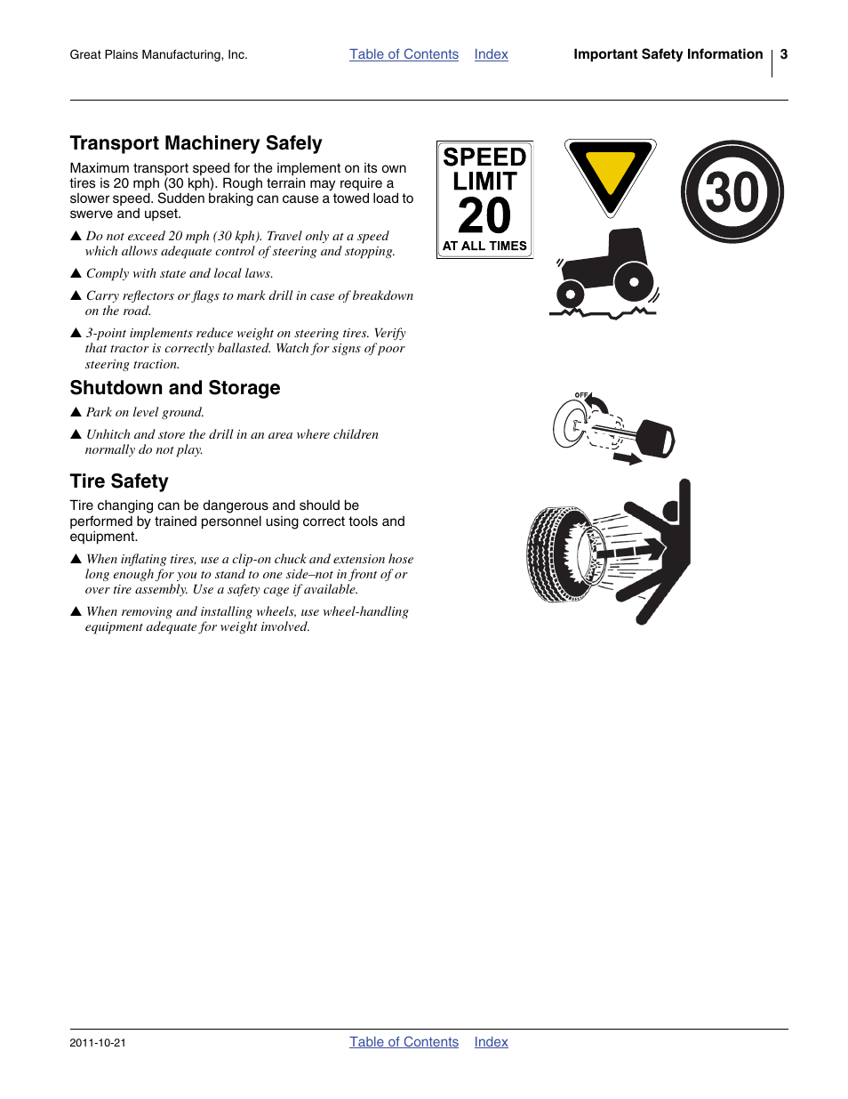 Transport machinery safely, Shutdown and storage, Tire safety | Great Plains 3P600 Operator Manual User Manual | Page 7 / 60