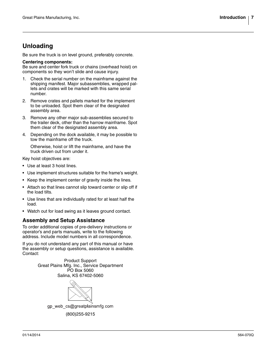Unloading, Assembly and setup assistance | Great Plains FH6800HD Predelivery Manual User Manual | Page 11 / 40