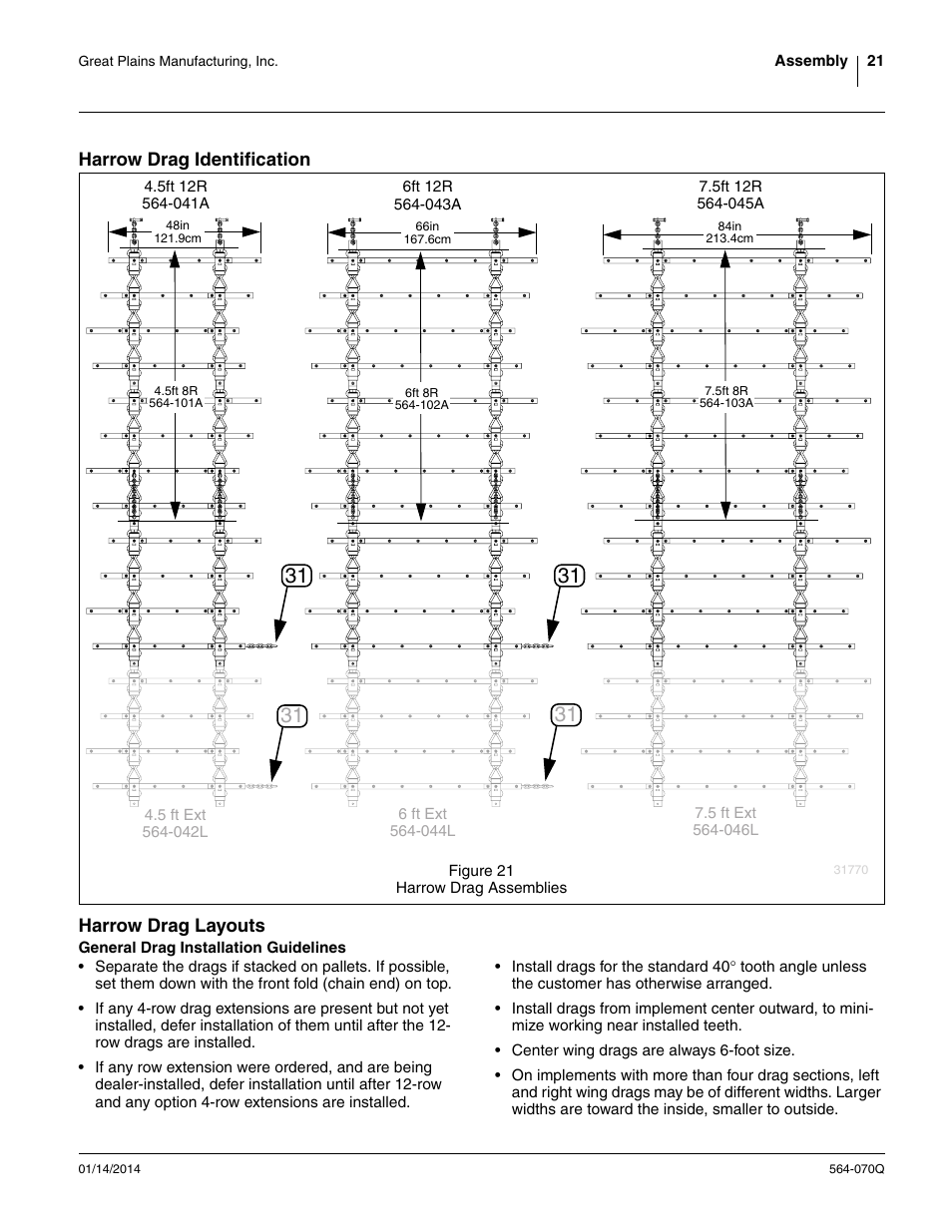 Harrow drag identification, Harrow drag layouts, General drag installation guidelines | Great Plains FH6800HD Predelivery Manual User Manual | Page 25 / 40