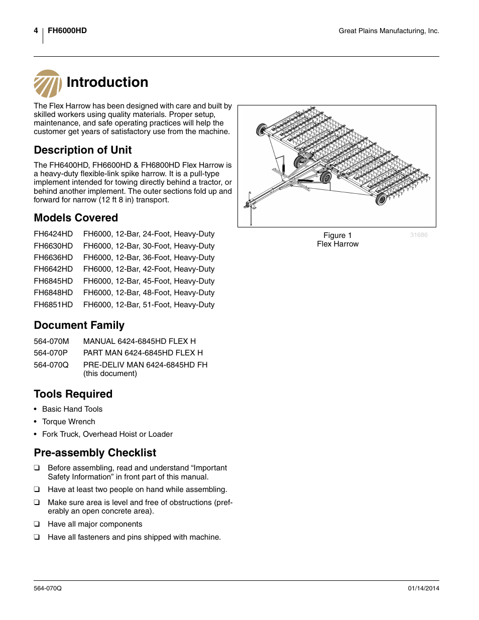 Introduction, Description of unit, Models covered | Document family, Tools required, Pre-assembly checklist, Models covered document family tools required | Great Plains FH6800HD Predelivery Manual User Manual | Page 8 / 40