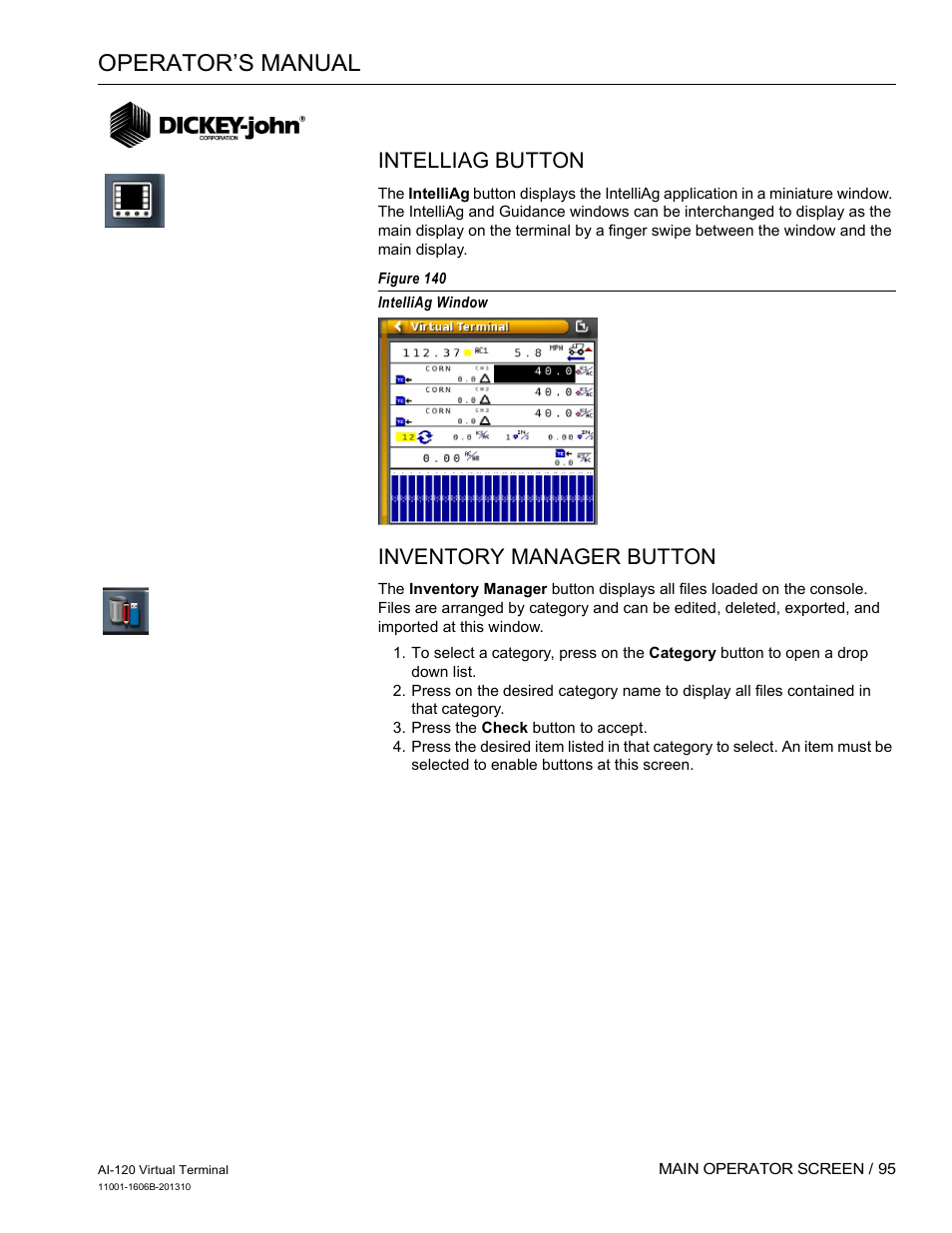 Operator’s manual, Intelliag button, Inventory manager button | Great Plains DICKEY-john AI-120 12-inch Virtual Terminal User Manual | Page 103 / 193