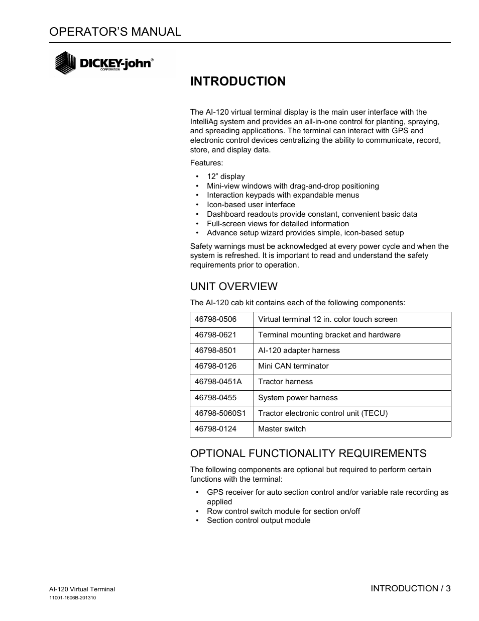 Introduction, Operator’s manual, Unit overview | Optional functionality requirements | Great Plains DICKEY-john AI-120 12-inch Virtual Terminal User Manual | Page 11 / 193