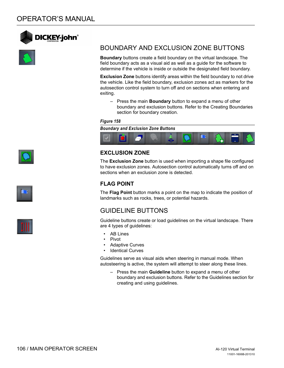 Operator’s manual, Boundary and exclusion zone buttons, Guideline buttons | Great Plains DICKEY-john AI-120 12-inch Virtual Terminal User Manual | Page 114 / 193