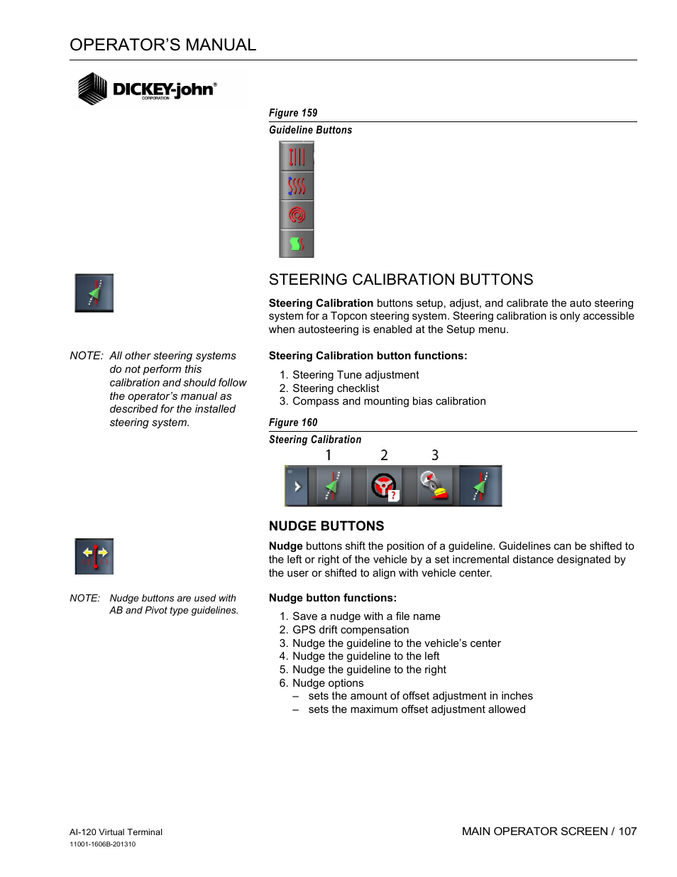 Operator’s manual, Steering calibration buttons | Great Plains DICKEY-john AI-120 12-inch Virtual Terminal User Manual | Page 115 / 193