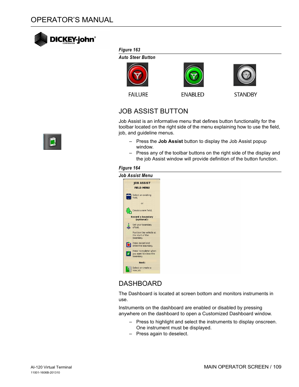 Operator’s manual, Job assist button, Dashboard | Great Plains DICKEY-john AI-120 12-inch Virtual Terminal User Manual | Page 117 / 193