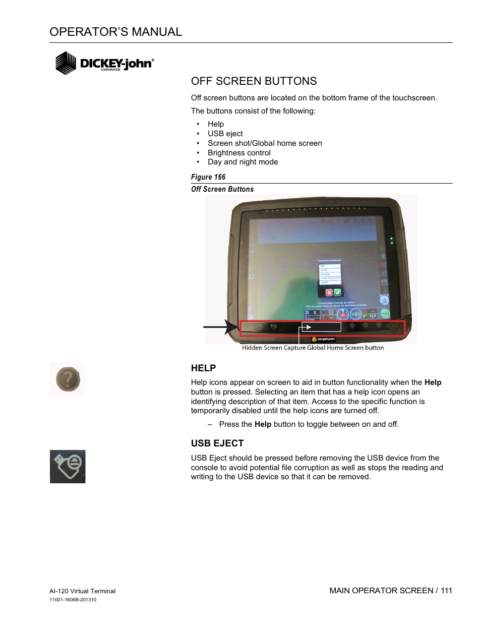 Operator’s manual, Off screen buttons | Great Plains DICKEY-john AI-120 12-inch Virtual Terminal User Manual | Page 119 / 193