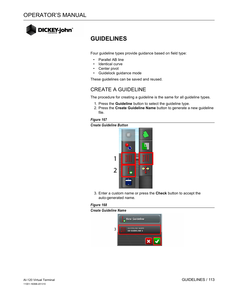 Guidelines, Operator’s manual, Create a guideline | Great Plains DICKEY-john AI-120 12-inch Virtual Terminal User Manual | Page 121 / 193