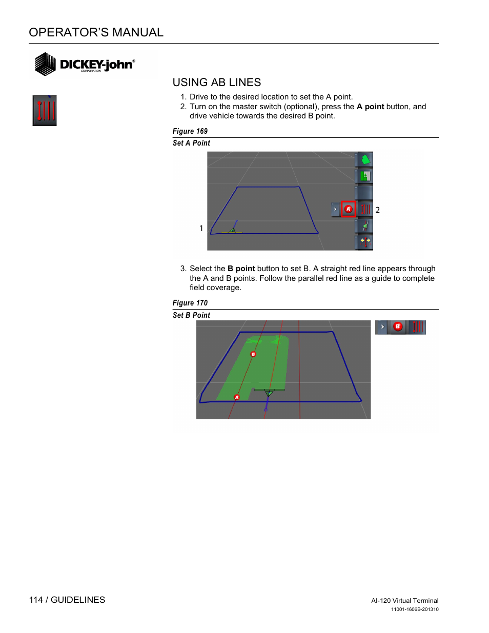 Operator’s manual, Using ab lines | Great Plains DICKEY-john AI-120 12-inch Virtual Terminal User Manual | Page 122 / 193