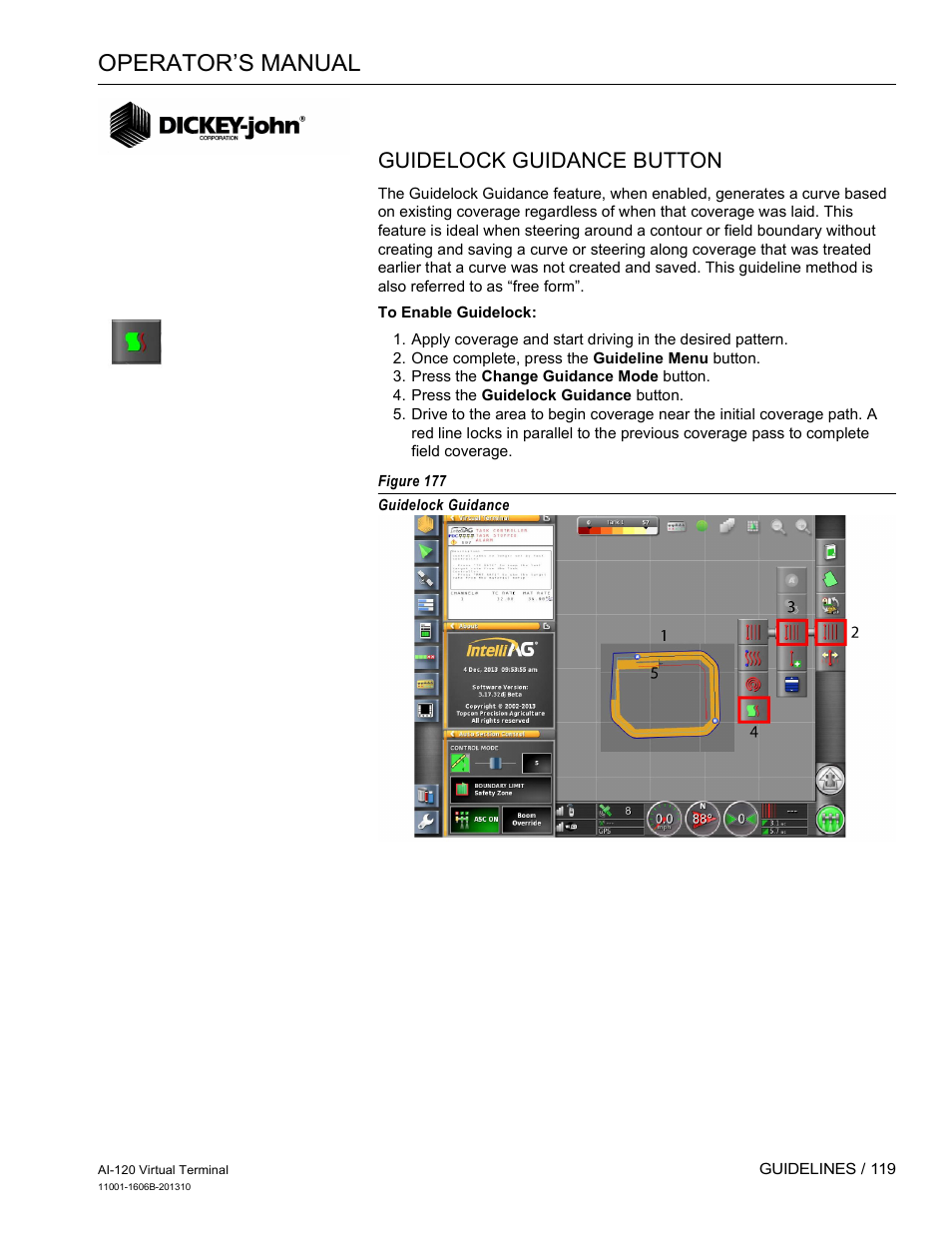 Operator’s manual, Guidelock guidance button | Great Plains DICKEY-john AI-120 12-inch Virtual Terminal User Manual | Page 127 / 193