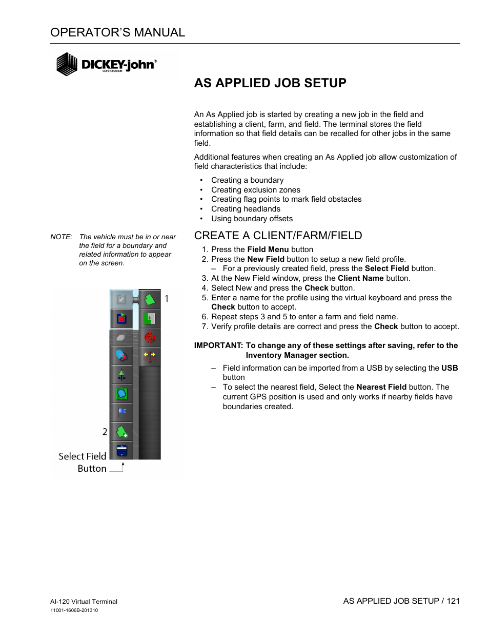 As applied job setup, Operator’s manual, Create a client/farm/field | Great Plains DICKEY-john AI-120 12-inch Virtual Terminal User Manual | Page 129 / 193