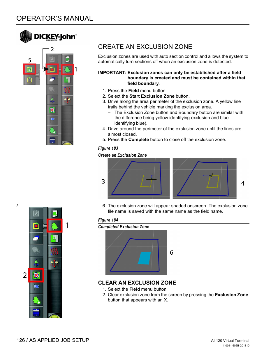 Operator’s manual, Create an exclusion zone | Great Plains DICKEY-john AI-120 12-inch Virtual Terminal User Manual | Page 134 / 193