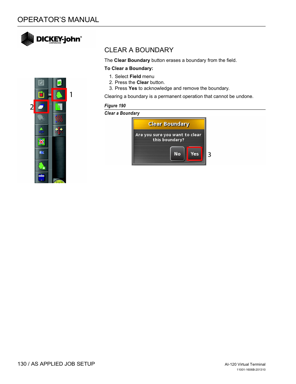 Operator’s manual, Clear a boundary | Great Plains DICKEY-john AI-120 12-inch Virtual Terminal User Manual | Page 138 / 193