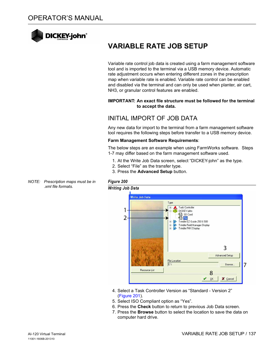 Variable rate job setup, Operator’s manual, Initial import of job data | Great Plains DICKEY-john AI-120 12-inch Virtual Terminal User Manual | Page 145 / 193
