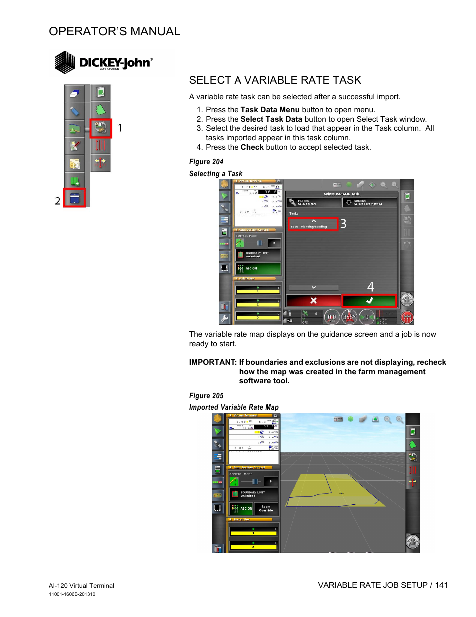 Operator’s manual, Select a variable rate task | Great Plains DICKEY-john AI-120 12-inch Virtual Terminal User Manual | Page 149 / 193
