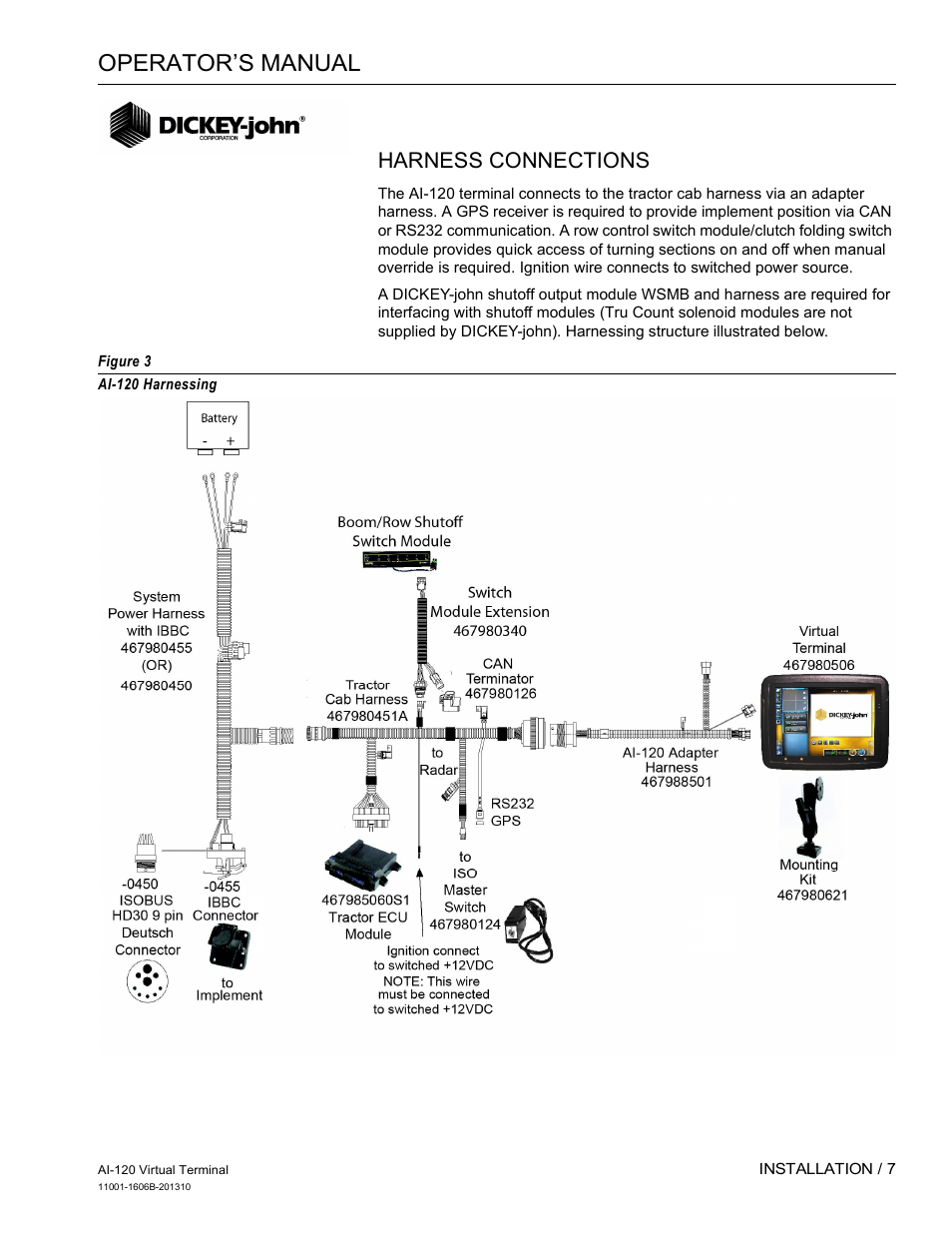 Operator’s manual, Harness connections | Great Plains DICKEY-john AI-120 12-inch Virtual Terminal User Manual | Page 15 / 193