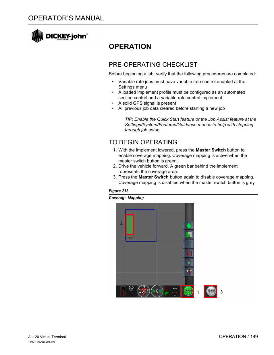 Operation, Operator’s manual, Pre-operating checklist | Great Plains DICKEY-john AI-120 12-inch Virtual Terminal User Manual | Page 157 / 193
