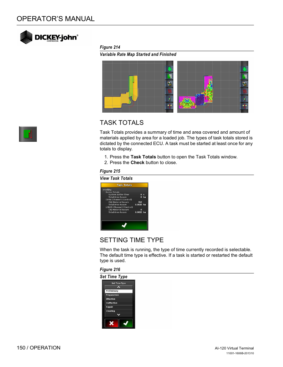 Operator’s manual, Task totals, Setting time type | Great Plains DICKEY-john AI-120 12-inch Virtual Terminal User Manual | Page 158 / 193