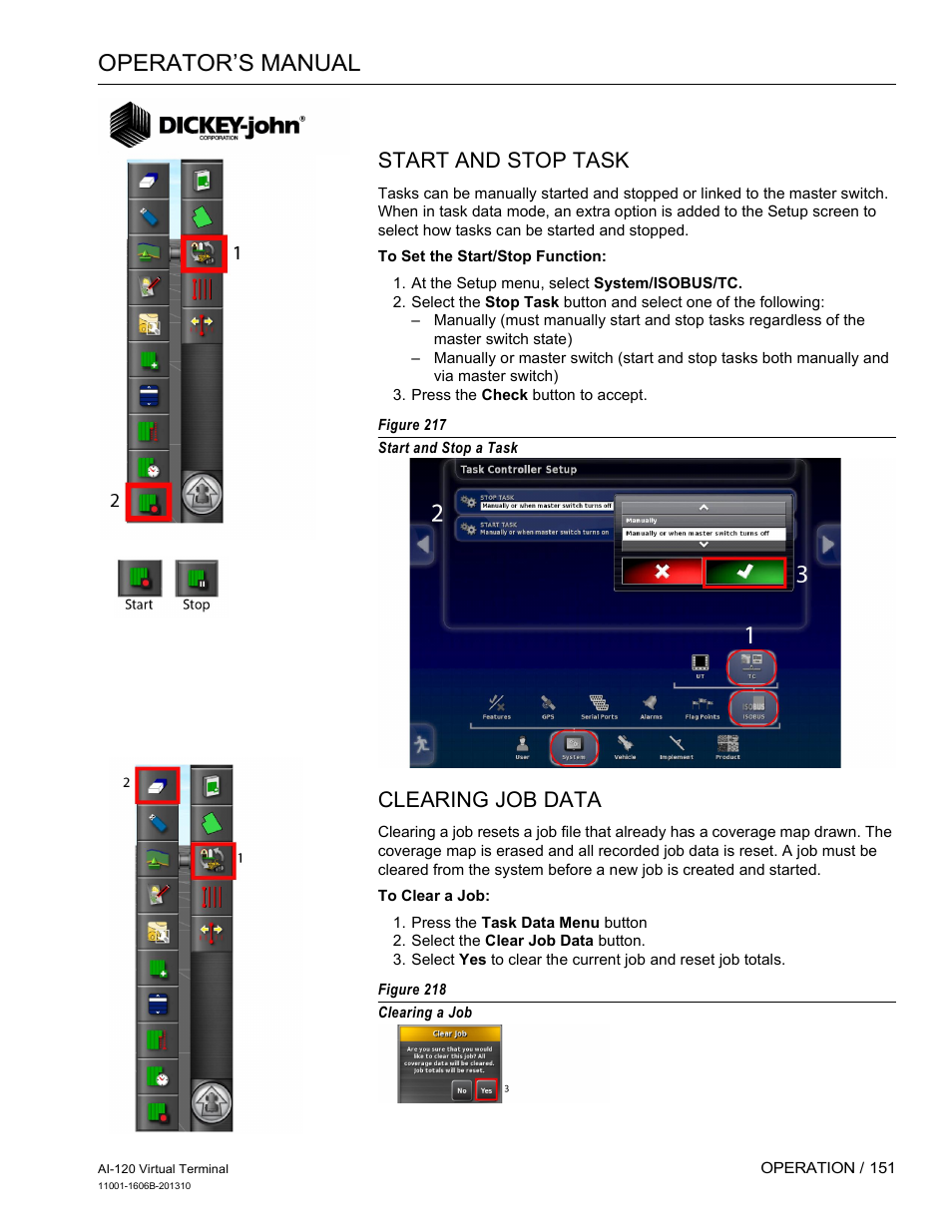 Operator’s manual, Start and stop task, Clearing job data | Great Plains DICKEY-john AI-120 12-inch Virtual Terminal User Manual | Page 159 / 193