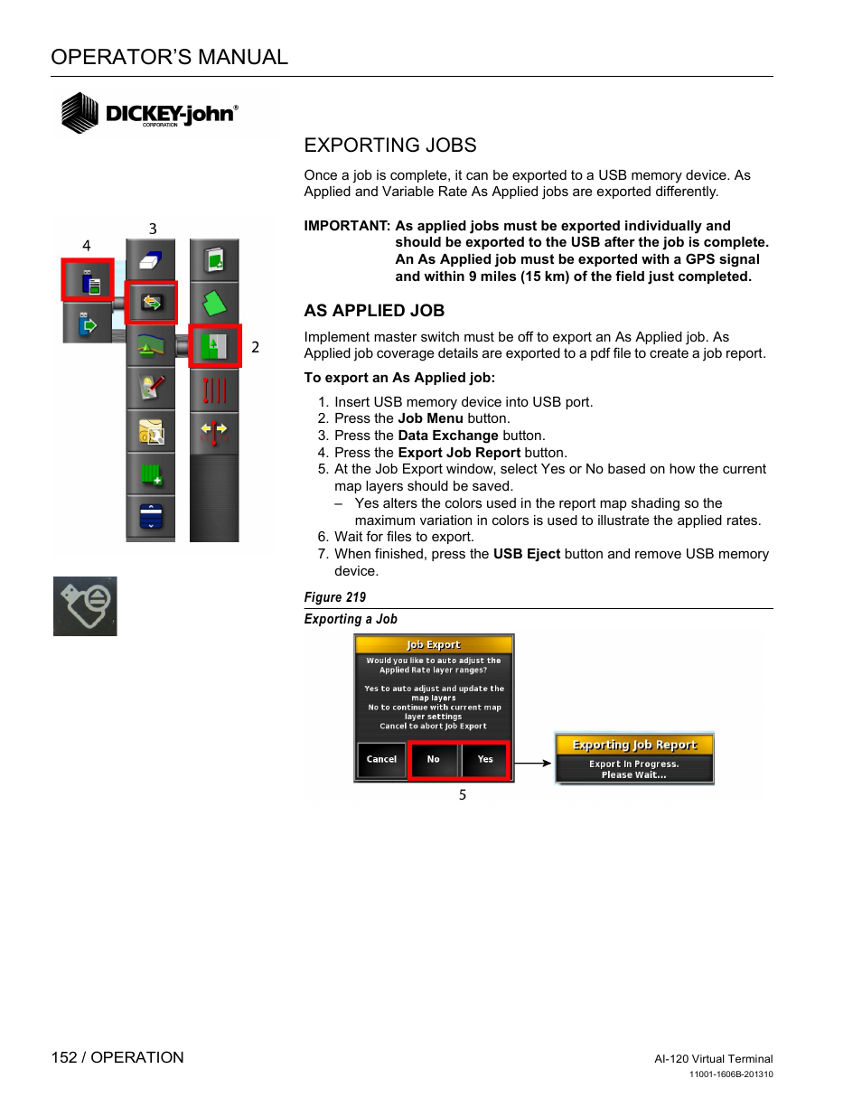 Operator’s manual, Exporting jobs | Great Plains DICKEY-john AI-120 12-inch Virtual Terminal User Manual | Page 160 / 193
