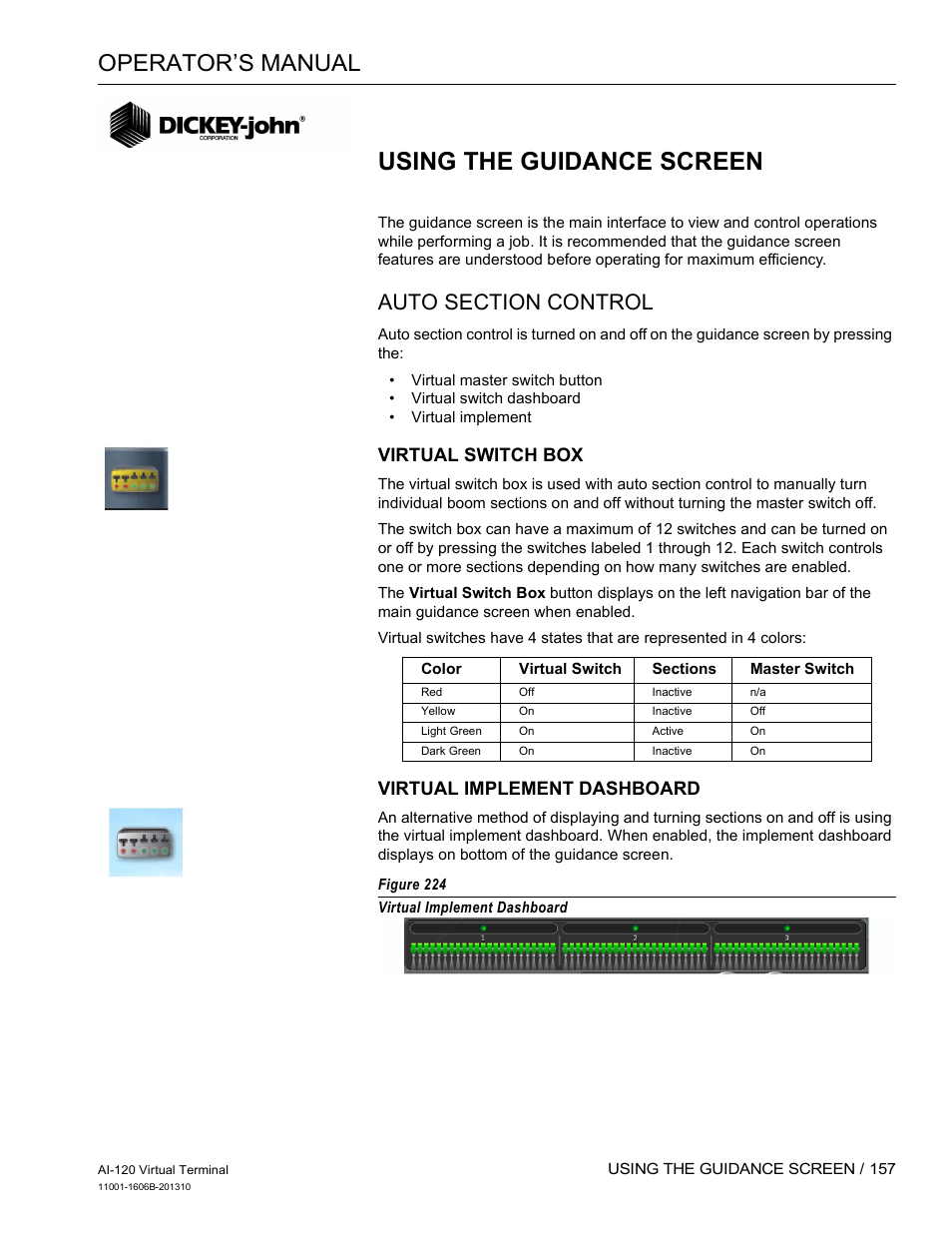 Using the guidance screen, Operator’s manual, Virtual switch box | Virtual implement dashboard | Great Plains DICKEY-john AI-120 12-inch Virtual Terminal User Manual | Page 165 / 193