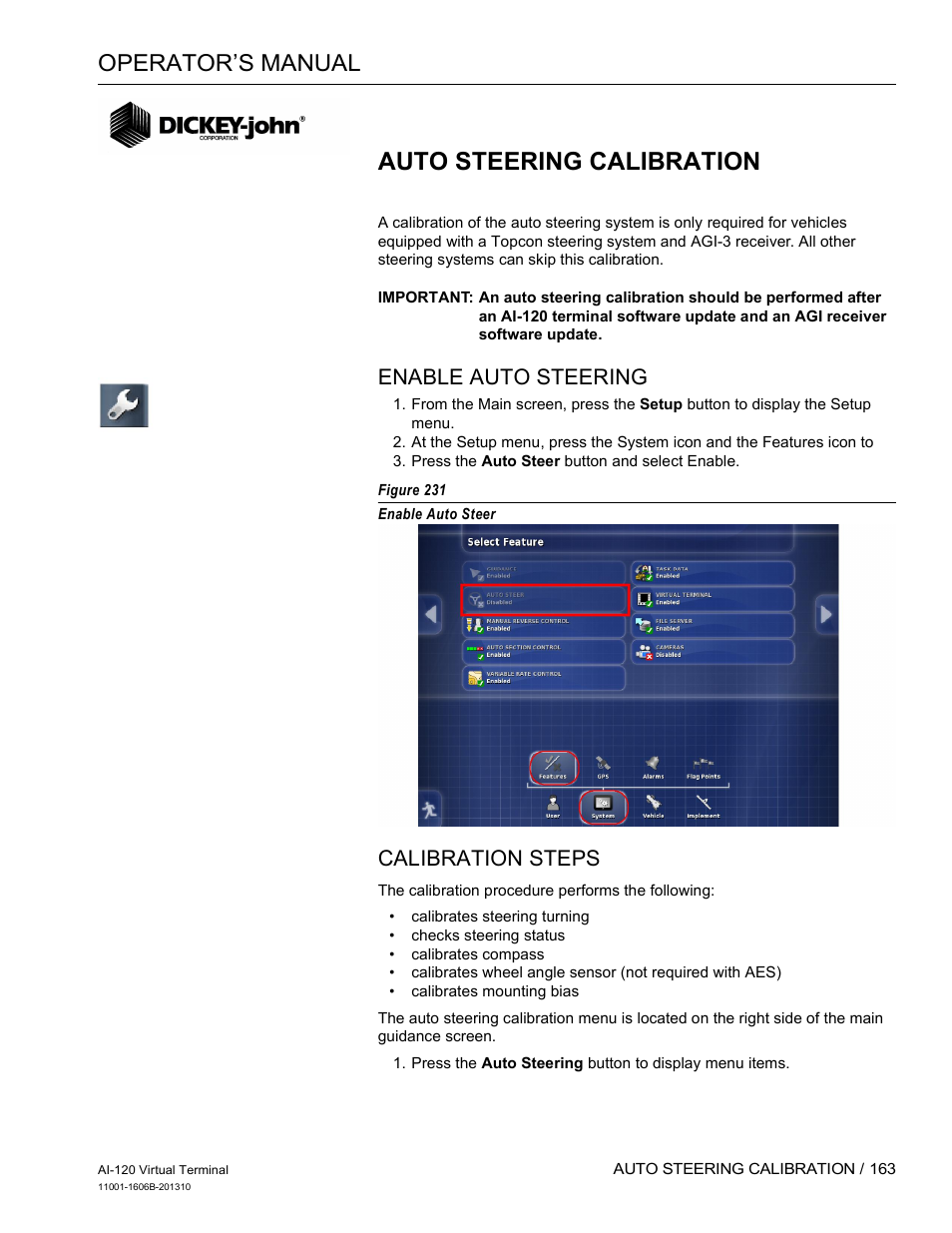 Auto steering calibration, Operator’s manual, Enable auto steering | Calibration steps | Great Plains DICKEY-john AI-120 12-inch Virtual Terminal User Manual | Page 171 / 193
