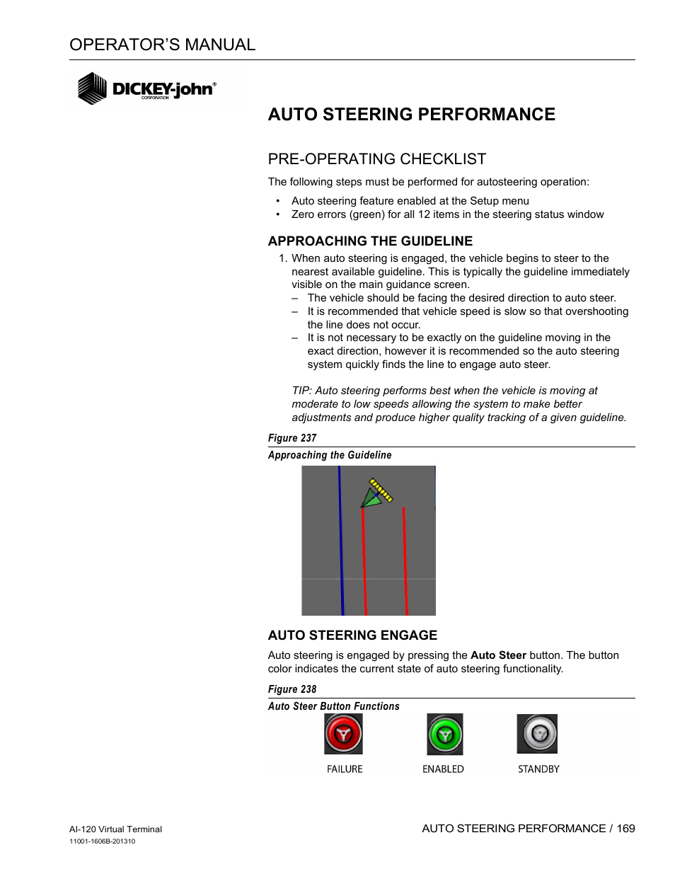 Auto steering performance, Operator’s manual, Pre-operating checklist | Great Plains DICKEY-john AI-120 12-inch Virtual Terminal User Manual | Page 177 / 193