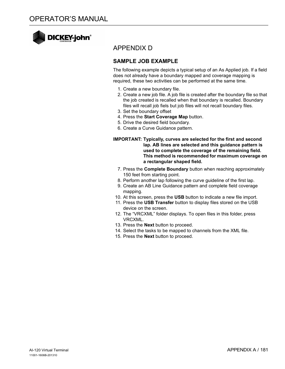 Operator’s manual, Appendix d | Great Plains DICKEY-john AI-120 12-inch Virtual Terminal User Manual | Page 189 / 193
