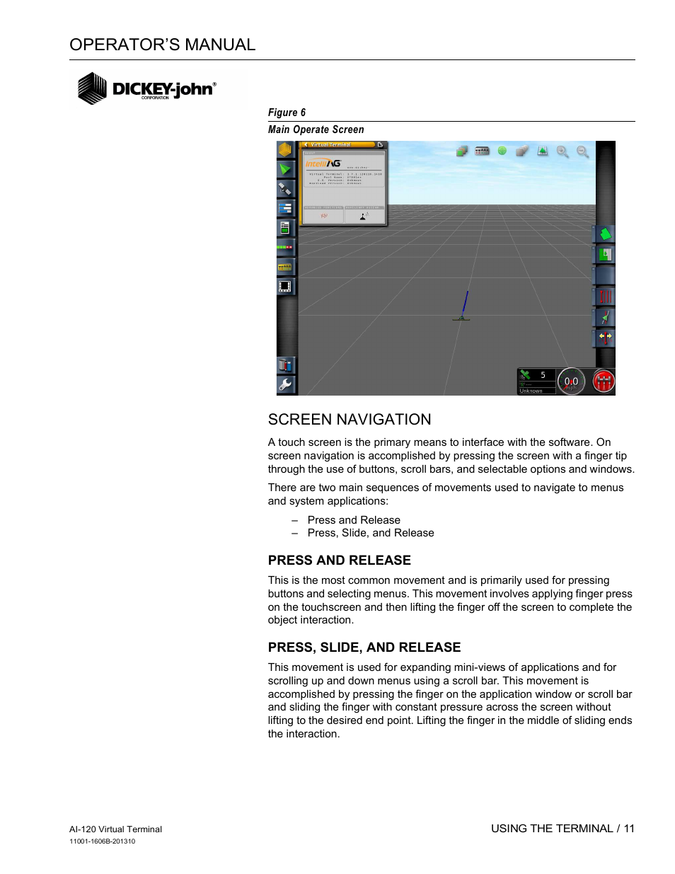 Operator’s manual, Screen navigation | Great Plains DICKEY-john AI-120 12-inch Virtual Terminal User Manual | Page 19 / 193